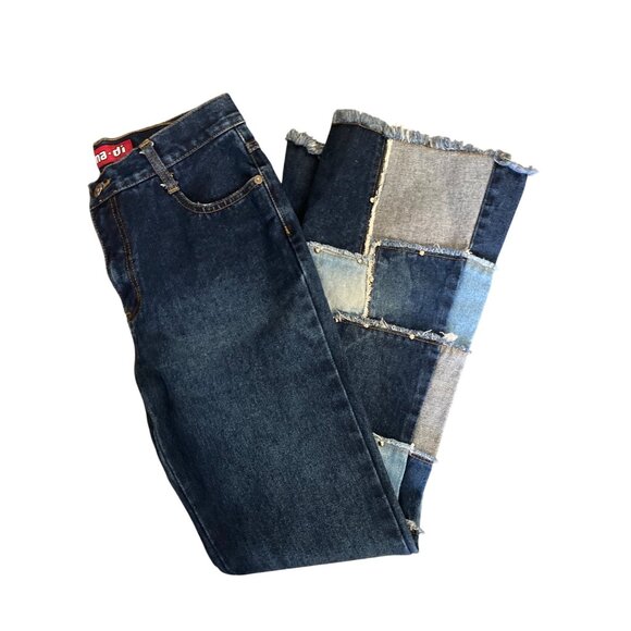 Y2K Zana Di Patchwork Flare Jeans Raw Hem Studded Skater Festival Hong Kong Sz 5 - Picture 3 of 13